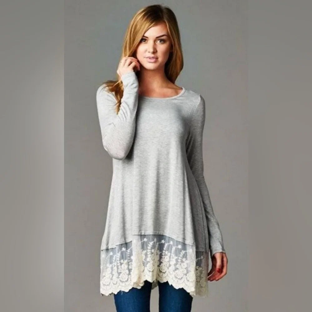 Long Sleeve Top with Lace Hem - Picture 2 of 5